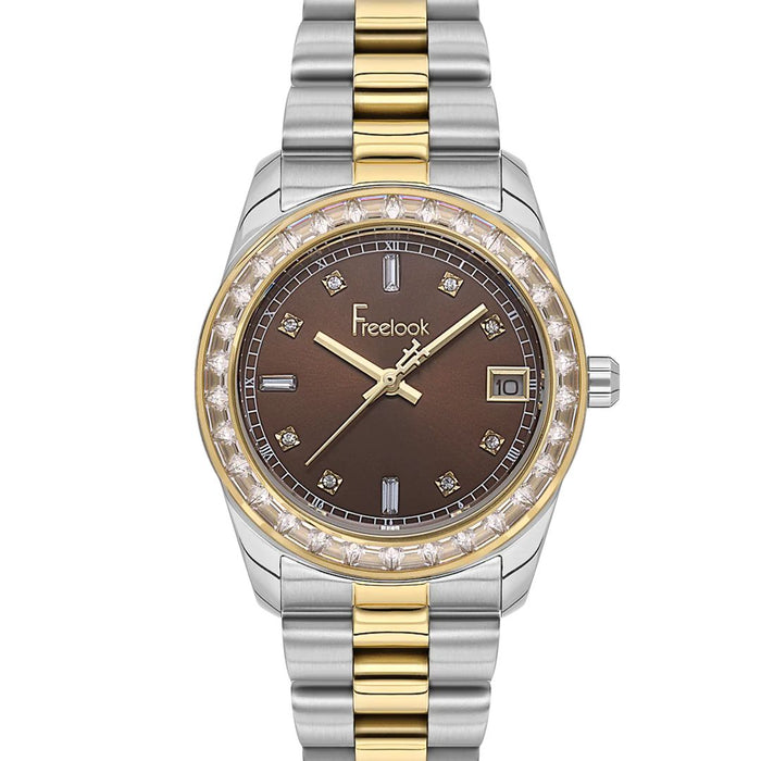 Freelook Women’s Two-Tone Gold & Silver Watch with Brown Dial and Crystal Bezel - FL.1.10454-5