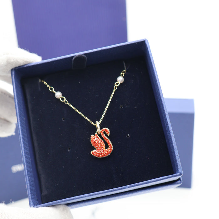 Swarovski Red Swan Pendant Necklace – Gold-Tone & Pearl Accents