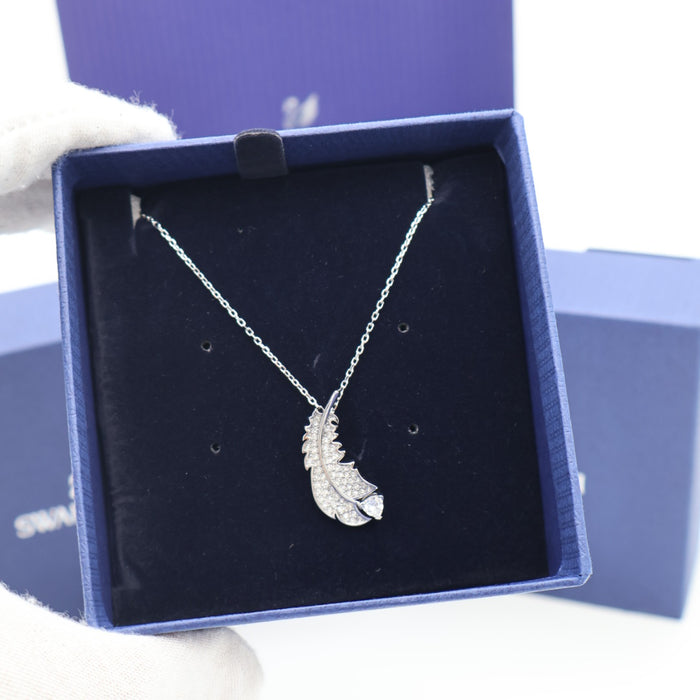 Swarovski Feather Pendant Necklace – Rhodium Plated with Crystal Accents - 5493397