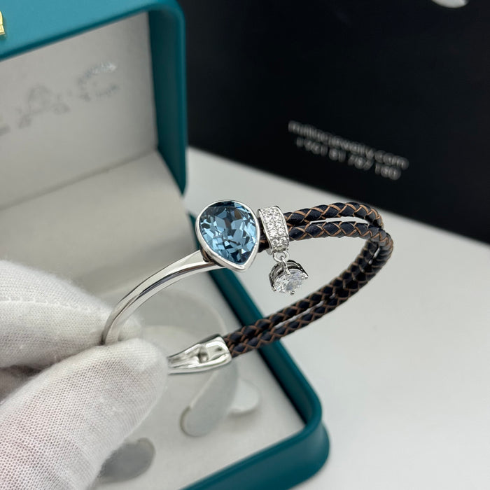 Stainless Steel Half Leather Blue Crystal By Swarovski Crystal