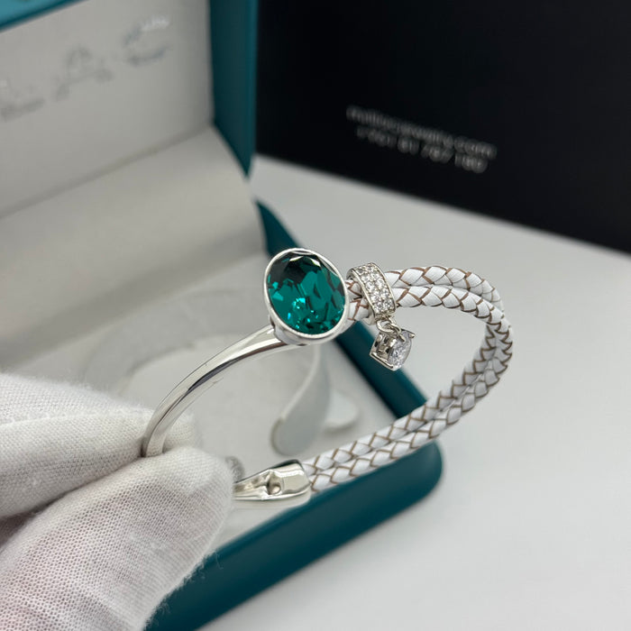 Stainless Steel Half White Leather Green Crystal Bracelet For Women