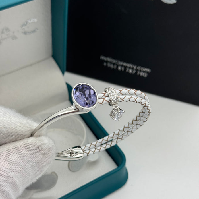 Stainless Steel Half Leather Purple Crystal Bracelet For Women