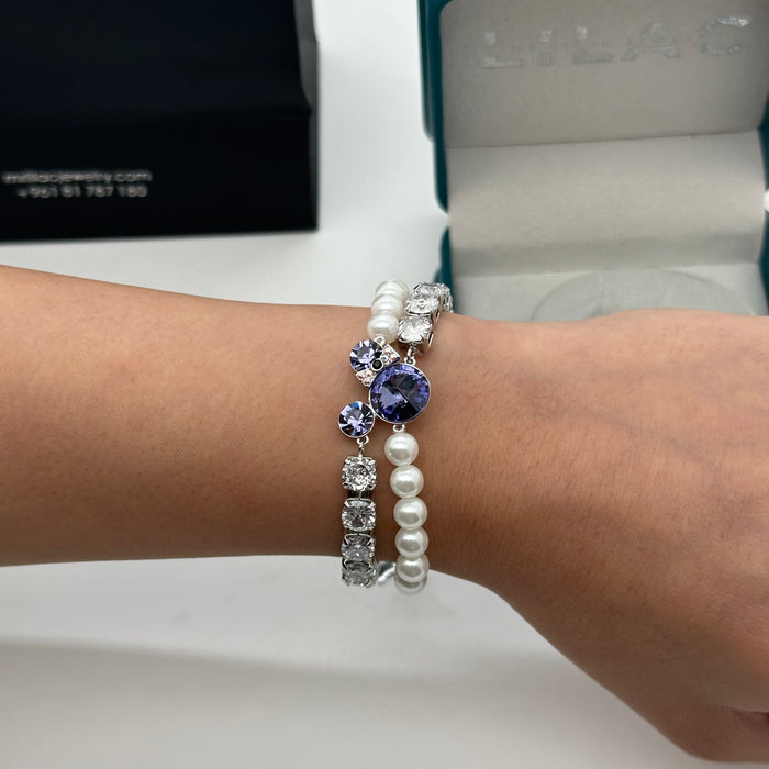 Swarovski Pearl & Violet Crystal Charm Bracelet – Dual-Strand Elegance