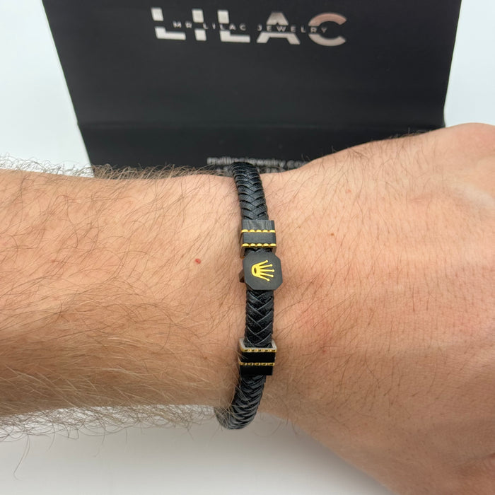 Rolex-Inspired Black Braided Leather Bracelet – Gold Crown Edition