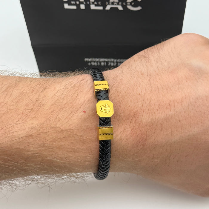 Rolex-Inspired Black Braided Leather Bracelet – Full Gold Accent Edition