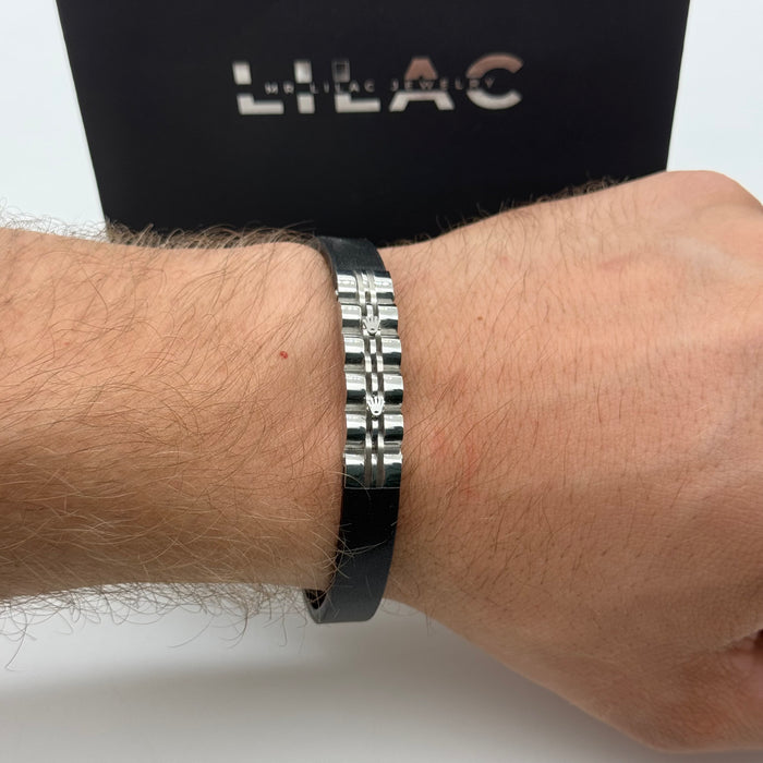 Black Leather Bracelet with Polished Steel Link Accent