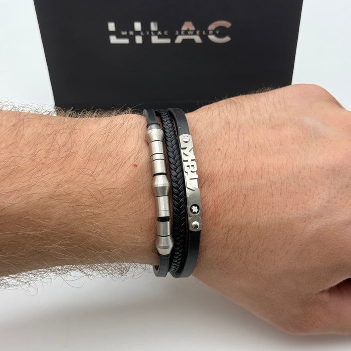 Montblanc-Inspired Triple Black Leather Bracelet with Steel Beads