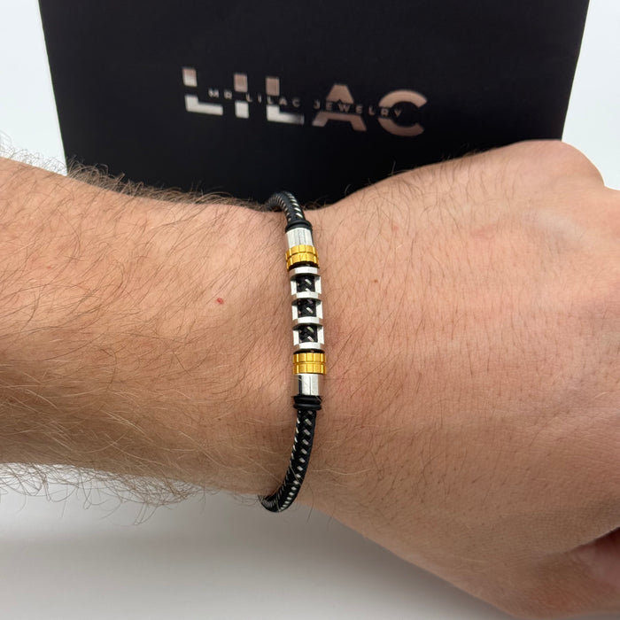 Triple-Layer Men's Bracelet – Black Beads, Steel Chain & Bar Detail