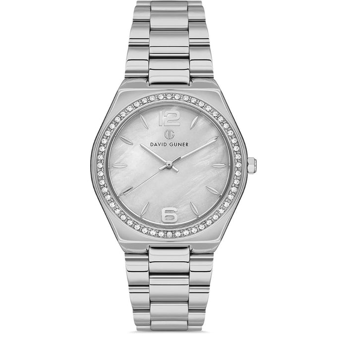 David Guner Women's Silver Watch – Mother-of-Pearl Dial with Crystal Bezel