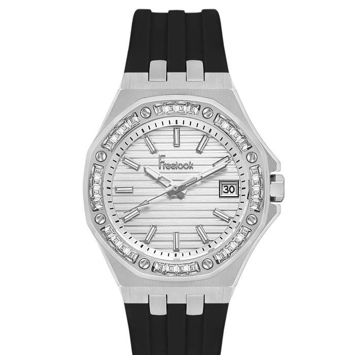 Freelook Silver Dial Watch – Crystal Bezel with Black Silicone Strap
