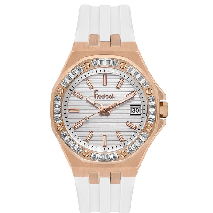 Freelook Rose Gold Watch – Crystal Bezel with White Silicone Strap