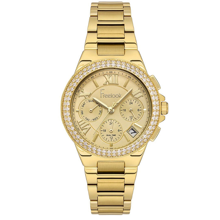 Freelook Women's Chronograph Watch – Full Gold with Crystal Bezel