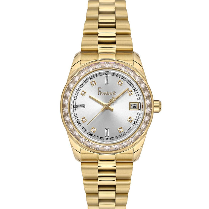 Freelook Women's Gold Stainless Steel Watch with Silver Dial & Crystal Bezel