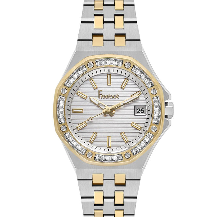 Freelook Two-Tone Silver & Gold Women's Watch with Crystal Bezel and Date Display