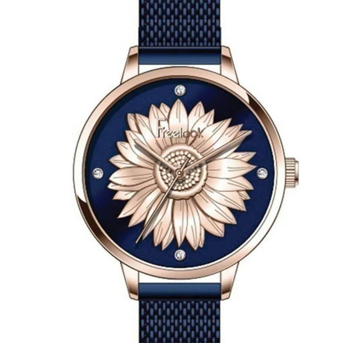 Freelook Floral Dial Watch – Rose Gold Sunflower on Blue Mesh Strap