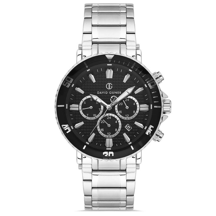 David Gunner Chronograph Watch – Black Dial with Silver Stainless Steel Bracelet