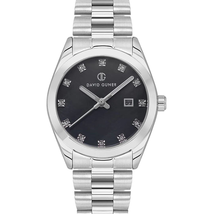 David Guner Women's Silver Watch – Black Dial with Crystal Hour Markers & Date