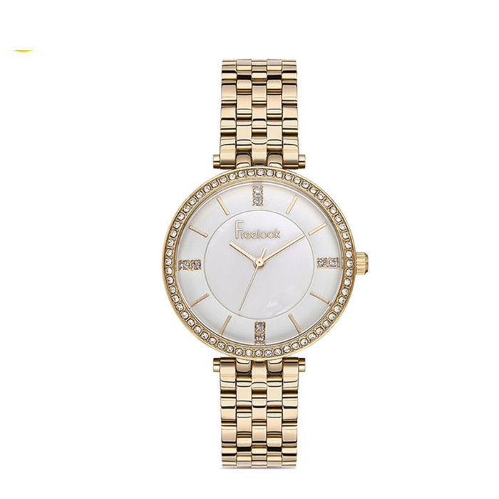 Freelook Women's Gold Watch with White Dial & Crystal Bezel