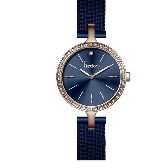 Freelook Navy Blue Mesh Women's Watch with Rose Gold & Crystal Bezel