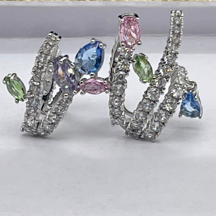 Dangling ear cuff /Swarovski Asymmetric Crystal Earrings  
 Color: Silver, clear, pink, green, blue, and lavender (multi-colored crystal pavé