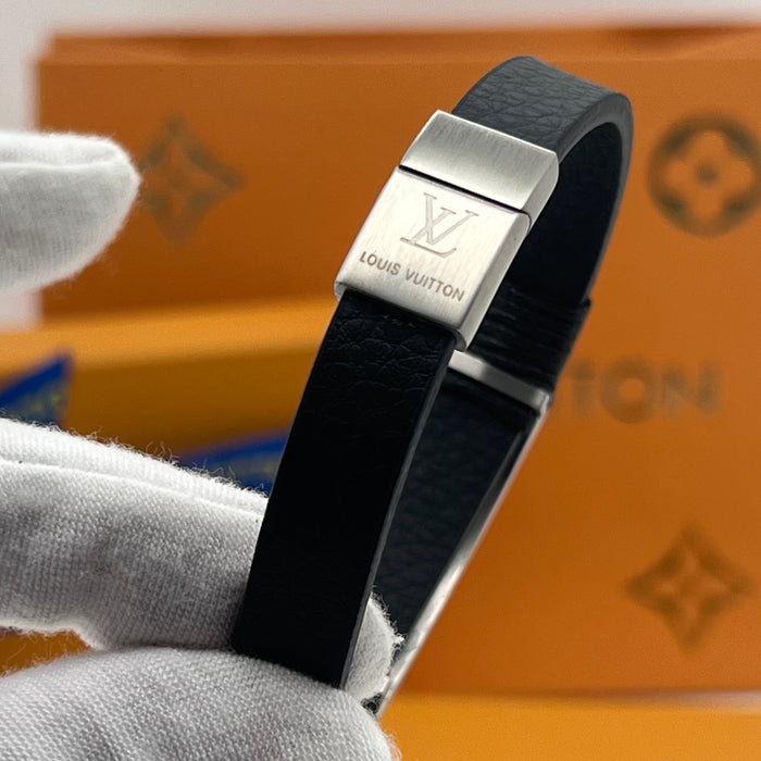 LV Braided Leather & Metal Plaque Bracelet  
 Color: Black / Silver/gold