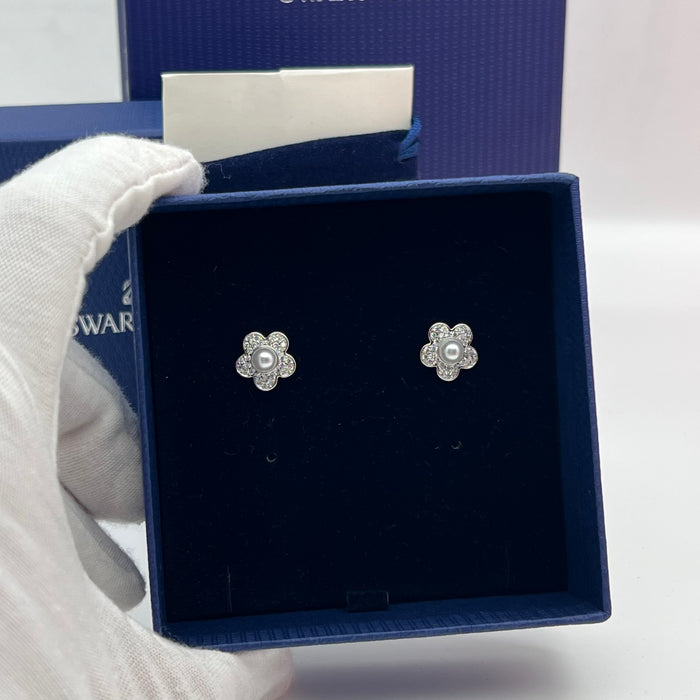 Swarovski Stud Earrings (Flower Design)
 Color: White and Silver (with a white crystal pearl and clear pavé)