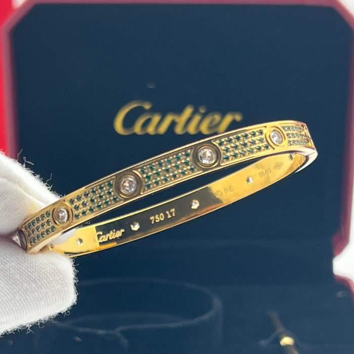 Name: LOVE Bracelet, Emerald 
 Color: Yellow Gold with green crystal