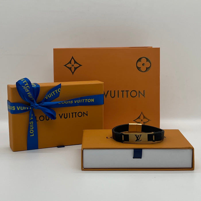 LV Braided Leather & Metal Plaque Bracelet  
 Color: Black / Silver/gold