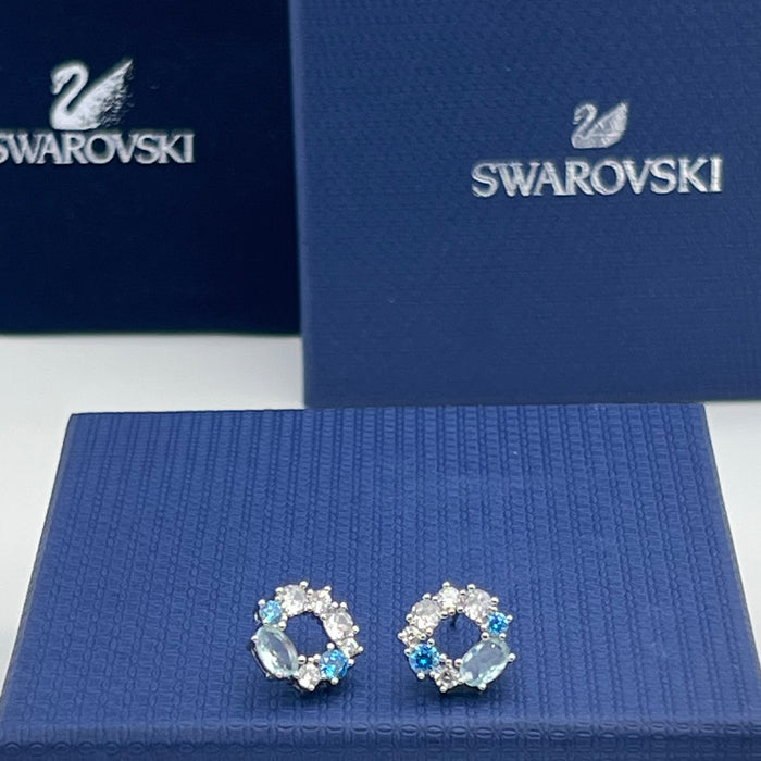 Swarovski Floral Open Circle / Wreath Stud Earrings  
 Color: Silver, light blue, and clear