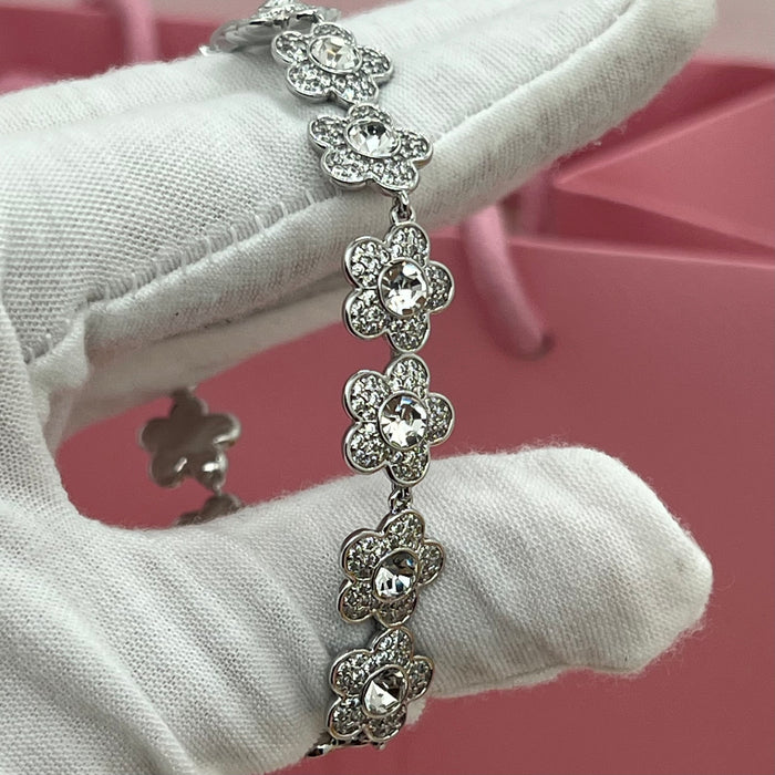 Swarovski Crystal Floral Cluster Link Bracelet  
 Color: Silver with Clear Pavé Crystals