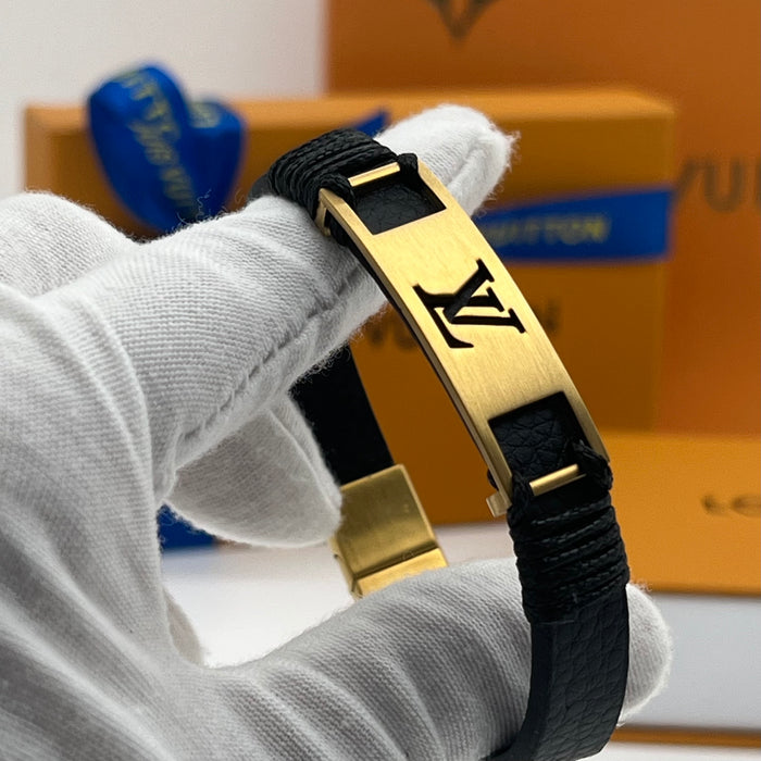 LV Braided Leather & Metal Plaque Bracelet  
 Color: Black / Silver/gold