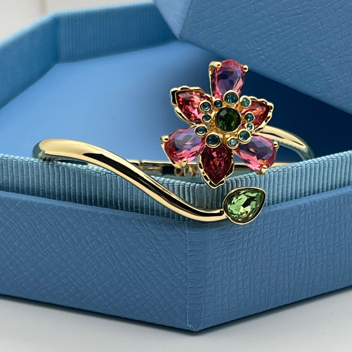 Swarovski Idyllia Floral Wrap Bangle / Flower and Leaf Cuff  
 Color: Gold-tone with pink, dark red, and green crystals