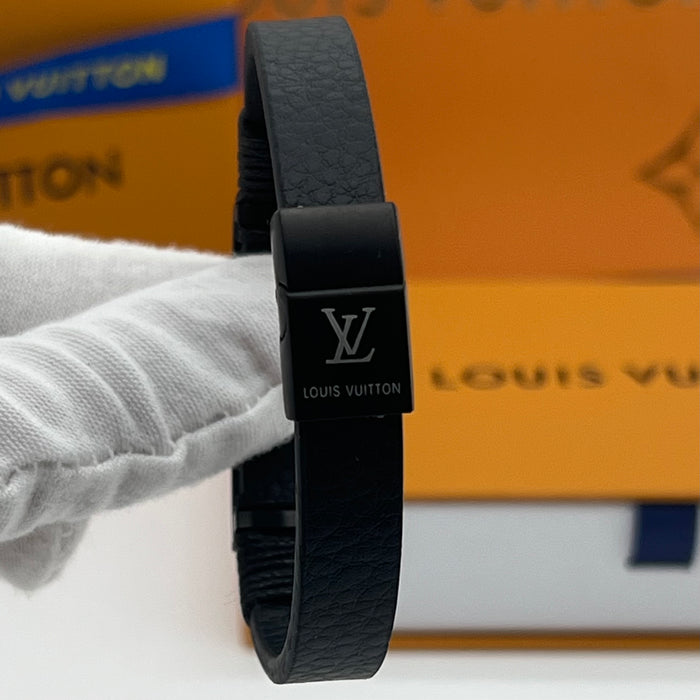 LV Braided Leather & Metal Plaque Bracelet  
 Color: Black / Silver/gold