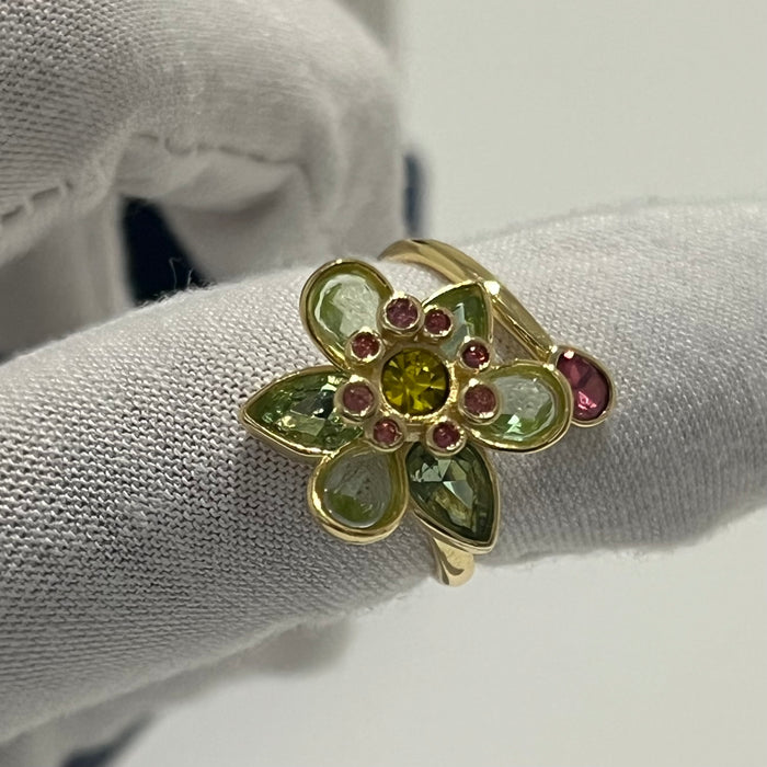 Swarovski Idyllia Blue Flower Ring 
 Color: Vibrant turquoise blue with a central purple crystal and yellow accent crystals (Left) / Shades of green, olive, and yellow with small pink crystal accents (Right