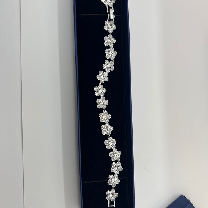 Swarovski Crystal Floral Cluster Link Bracelet  
 Color: Silver with Clear Pavé Crystals