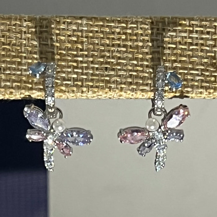 Swarovski Dragonfly Pearl & Crystal Hoop/Drop Earrings  
 Color: Silver, pink, lavender, white, and clear