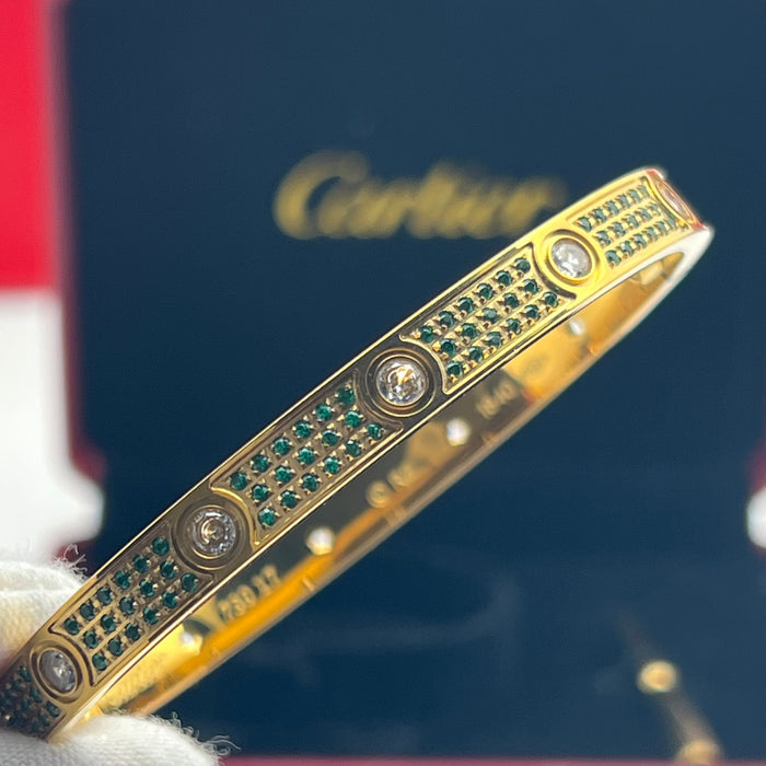 Name: LOVE Bracelet, Emerald 
 Color: Yellow Gold with green crystal