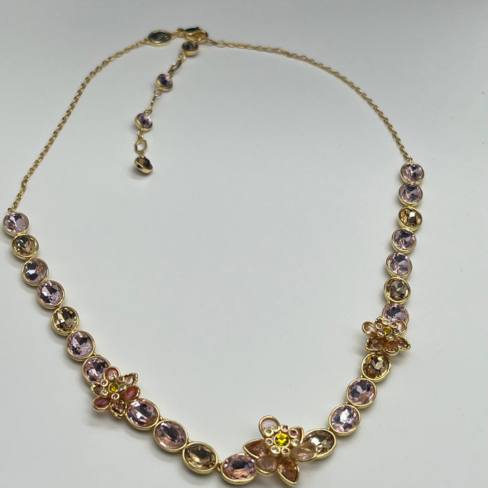 Name: Idyllia Floral Strand Necklace / Crystal Flower Line Necklace  
 Color: Gold-tone with soft pink, champagne, and green crystals