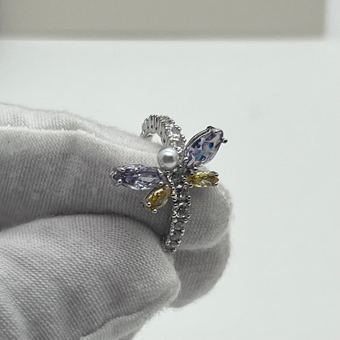 Swarovski Dragonfly Ring(small /medium )
 Color: Silver and Multicolored (featuring pastel purple, yellow, clear crystals, and a white crystal pearl)