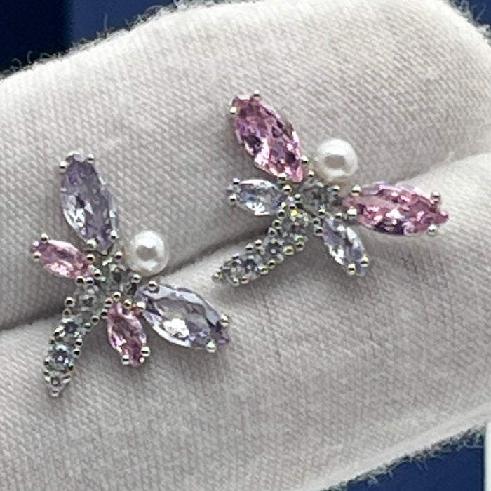 Swarovski Dragonfly Pearl & Crystal Stud Earrings  
 Color: Silver, pink, lavender, white, and clear