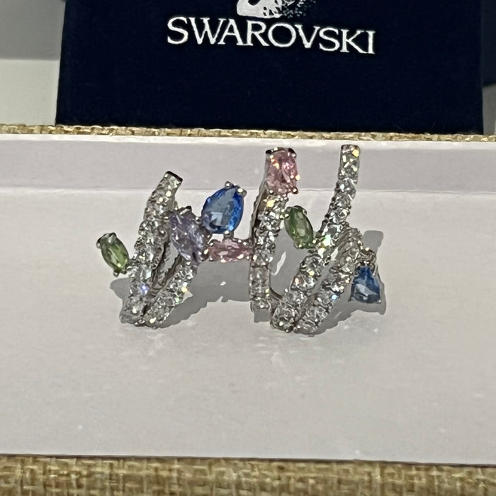 Dangling ear cuff /Swarovski Asymmetric Crystal Earrings  
 Color: Silver, clear, pink, green, blue, and lavender (multi-colored crystal pavé