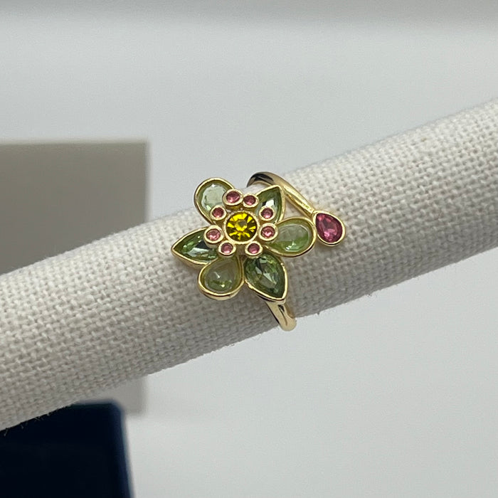 Swarovski Idyllia Blue Flower Ring 
 Color: Vibrant turquoise blue with a central purple crystal and yellow accent crystals (Left) / Shades of green, olive, and yellow with small pink crystal accents (Right
