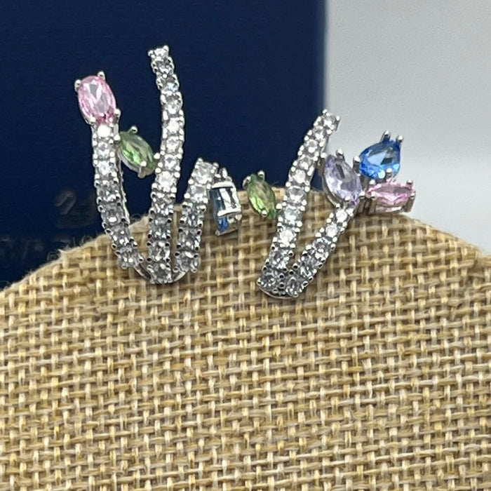 Dangling ear cuff /Swarovski Asymmetric Crystal Earrings  
 Color: Silver, clear, pink, green, blue, and lavender (multi-colored crystal pavé