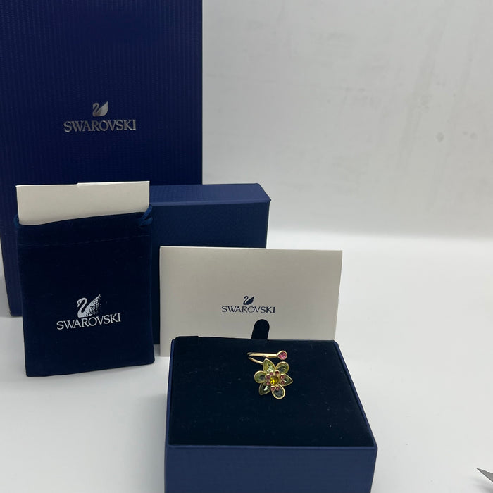 Swarovski Idyllia Blue Flower Ring 
 Color: Vibrant turquoise blue with a central purple crystal and yellow accent crystals (Left) / Shades of green, olive, and yellow with small pink crystal accents (Right