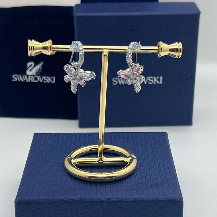 Swarovski Dragonfly Pearl & Crystal Hoop/Drop Earrings  
 Color: Silver, pink, lavender, white, and clear