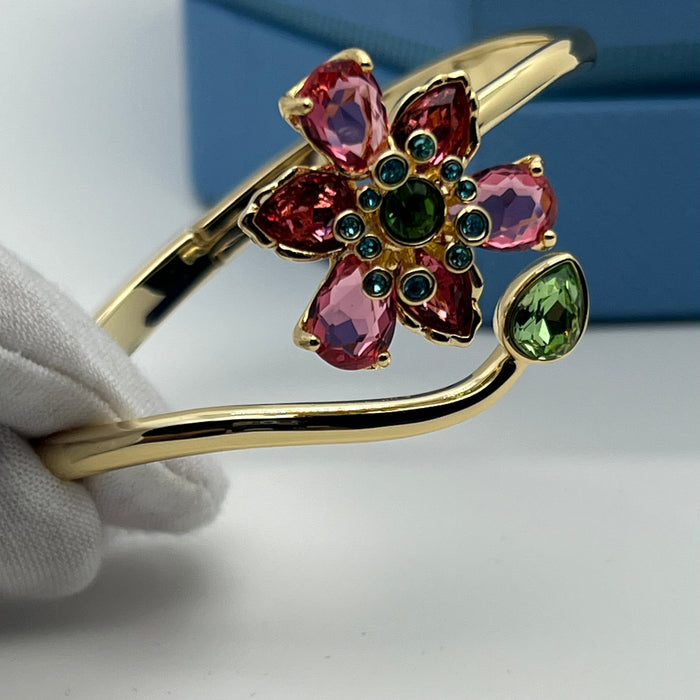 Swarovski Idyllia Floral Wrap Bangle / Flower and Leaf Cuff  
 Color: Gold-tone with pink, dark red, and green crystals