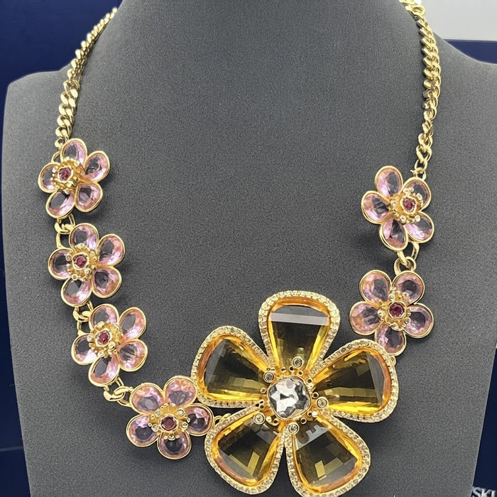 Swarovski Idyllia Large Floral Statement Necklace / Amber & Pink Crystal Flower Necklace
 Color: Gold-tone with amber yellow and soft pink crystals