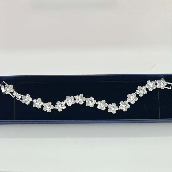 Swarovski Crystal Floral Cluster Link Bracelet  
 Color: Silver with Clear Pavé Crystals
