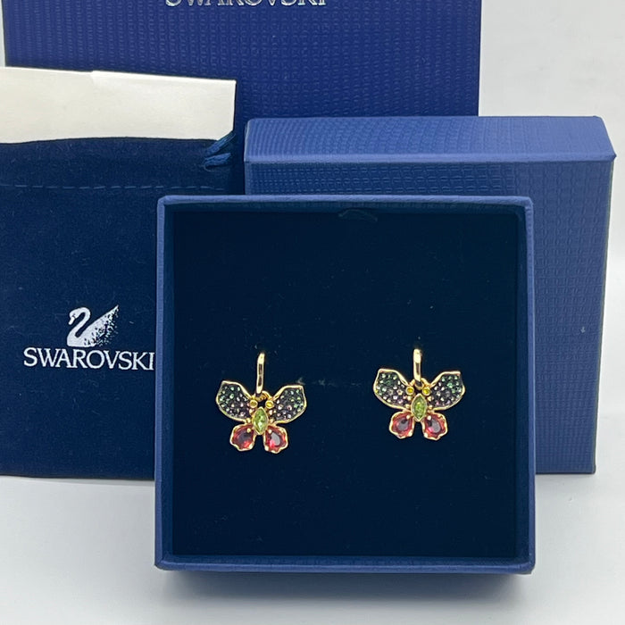 Swarovski Butterfly Crystal Hoop/Drop Earrings  
 Color: Gold-tone, green, pink, dark, and multi-colored crystal pavé