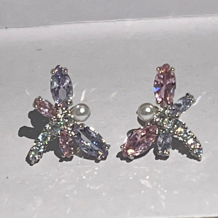 Swarovski Dragonfly Pearl & Crystal Stud Earrings  
 Color: Silver, pink, lavender, white, and clear